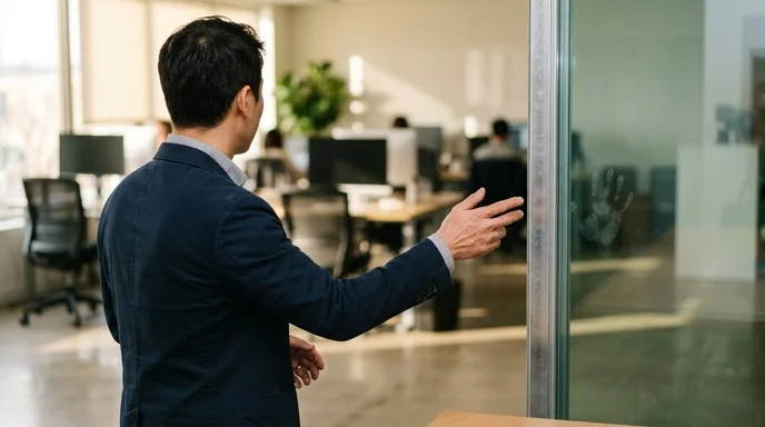A Korean employee viewed from behind gesturing towards a glass wall in a meeting room.