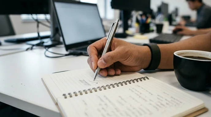 An IT support staff's hand writes in a notebook with a silver pen on a white desk.