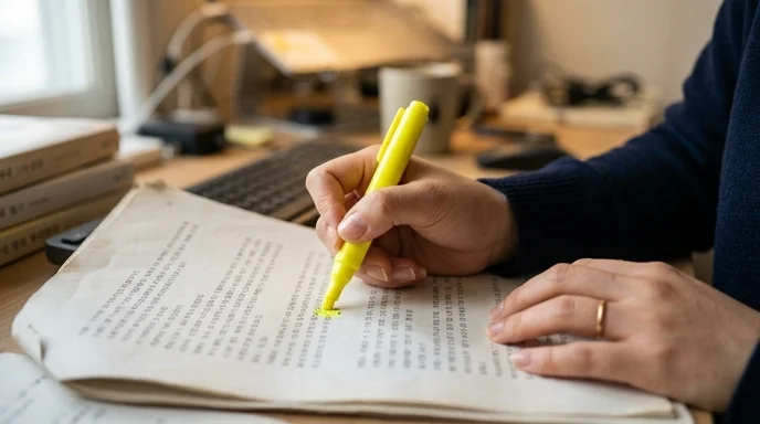 A hand pressing a yellow highlighter on a punctuation mark of a wrinkled script under overhead lighting.