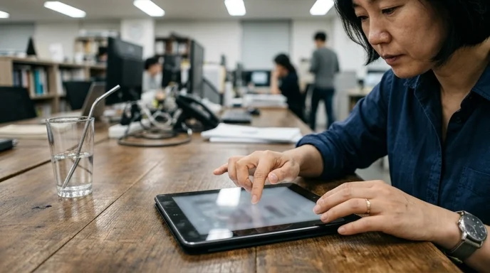 A Korean researcher's hands operating a tablet on a wooden desk with a half-empty water glass nearby.