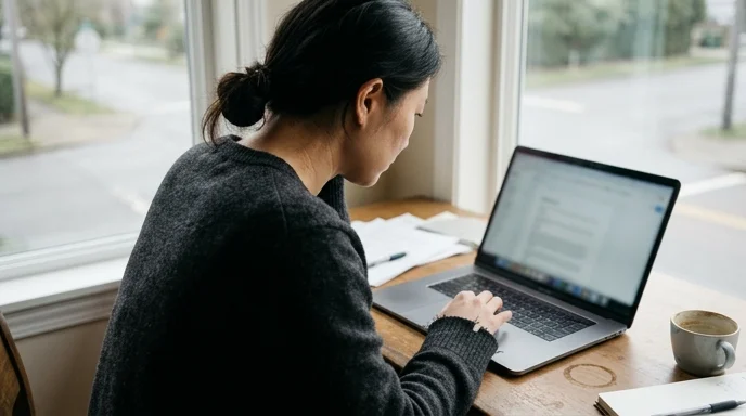 An editor leaning towards a laptop in a quiet office near a window.
