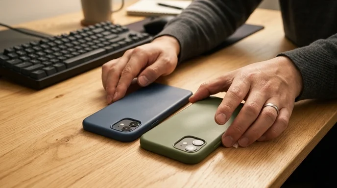 Hands placing two unbranded smartphones with different colored cases side by side.