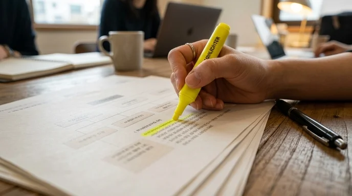 A hand highlighting a stack of blurred printed hierarchy documents on a table with a yellow marker.