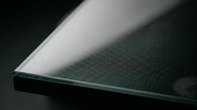 Macro shot of a seamlessly bonded LED panel surface with a faint fingerprint on the glass edge under raking light.