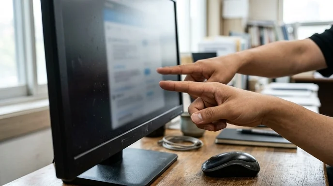 Two Korean hands pointing at an out-of-focus monitor screen side by side on a desk.