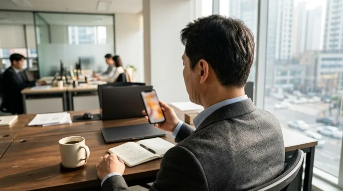 Rear view of a Korean investor holding a smartphone in a bright office with morning window light.