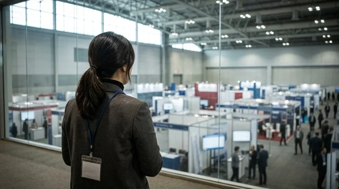 A Korean event planner from behind looking at an exhibition space with a worn lanyard.