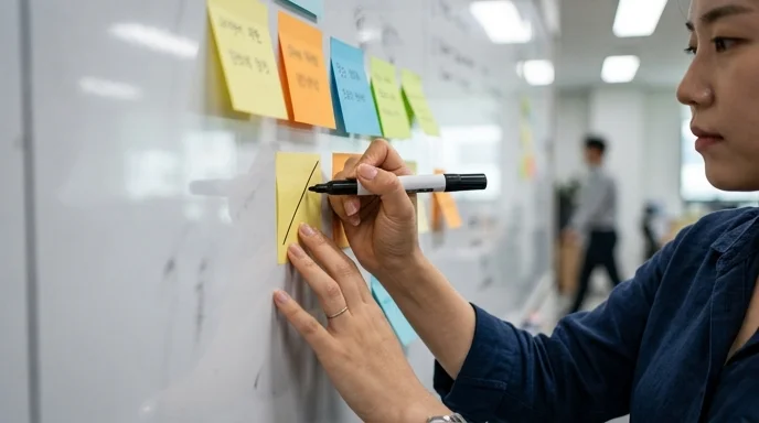 A hand drawing lines on sticky notes attached to a whiteboard.