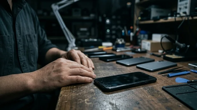 Hands resting on a desk covered with multiple unbranded smartphones in a dim workspace.