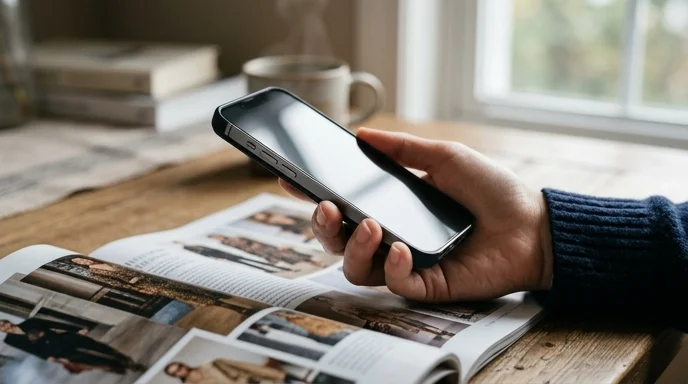 A hand holding a smartphone over an open magazine page, capturing a code on the desk.