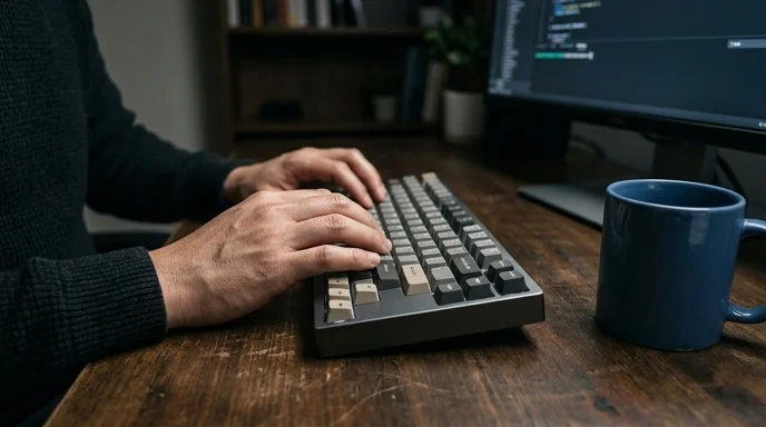 A Korean developer's hands resting on a mechanical keyboard on a dark desk.