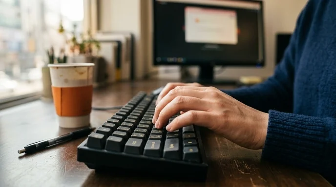 A close-up of a Korean person's hand typing on a worn keyboard with a cold coffee cup nearby.
