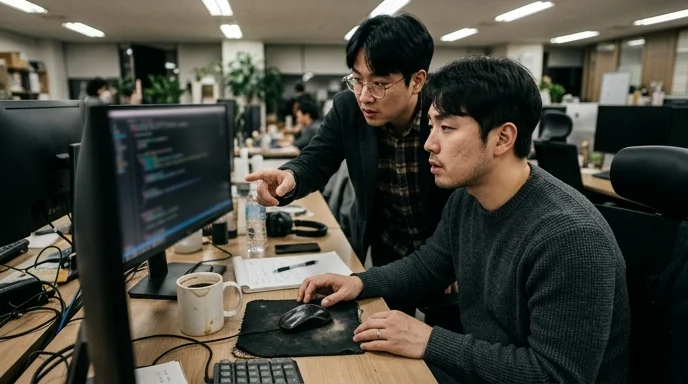 Two Korean developers looking at a blurred monitor over their shoulders in an office.