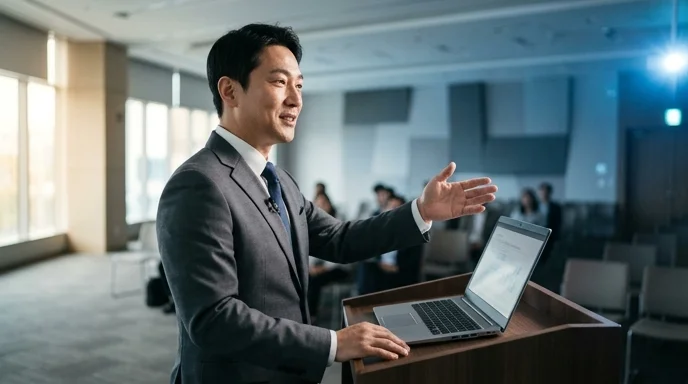 A Korean presenter gesturing toward an audience in a conference room with a laptop on the podium.