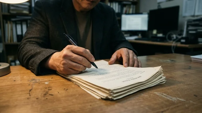 A Korean agent's hands reviewing printed papers with a pen on a scratched wooden desk.