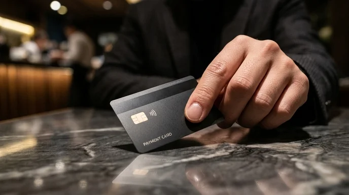 A Korean customer's hand picking up an unbranded credit card from a marble table.