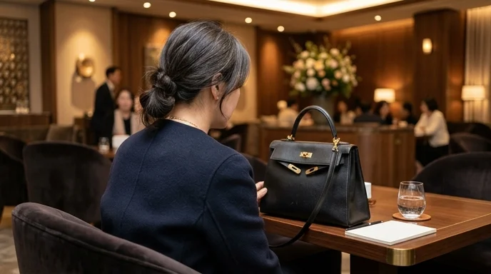 A Korean woman viewed from behind examining a high-end designer handbag on a table in an exclusive indoor VIP lounge.