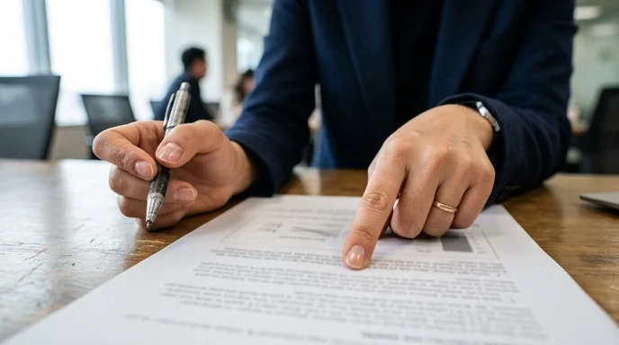 A Korean marketer's hand points at a printed document on a meeting table while holding a scratched pen.