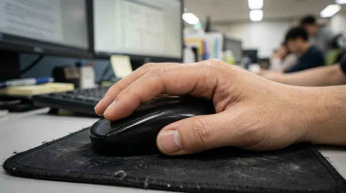 A Korean employee's hand resting on a mouse with visible fingerprints on a worn mouse pad.