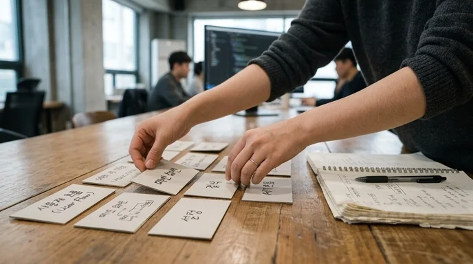 Hands rearranging cardboard cards on a wooden meeting table.