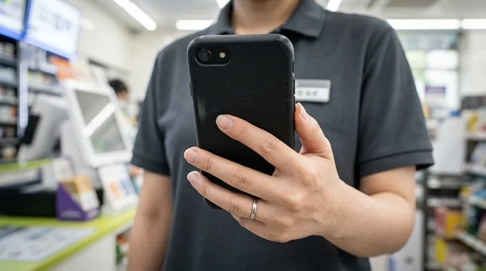 A person's hand holding a scratched unbranded smartphone in a bright office.