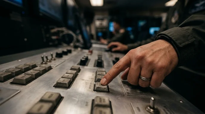 A Korean operator's hand pressing a faded key on a brushed aluminum control console in a dim situation room.