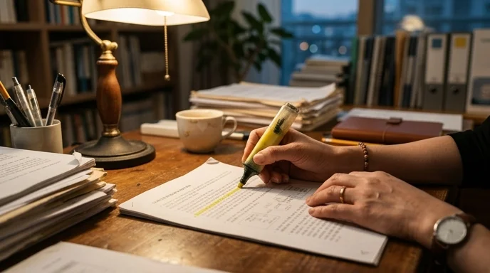 A planner's hands using a highlighter on a printed document over a desk.