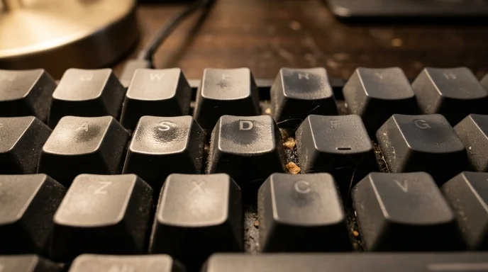Close-up of a well-used mechanical keyboard on a dark desk.