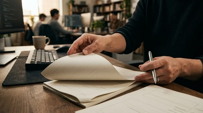 A Korean developer's hands turning pages of printed documents on a desk with a metal pen.