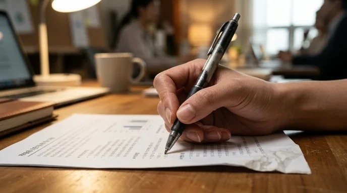 A Korean marketer's hand holding a pen over out-of-focus printed documents on a desk.