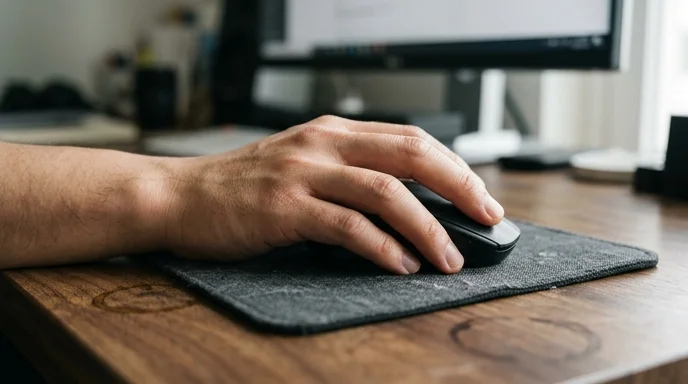 A Korean user's hand resting on a black wireless mouse with an out-of-focus monitor in the background.