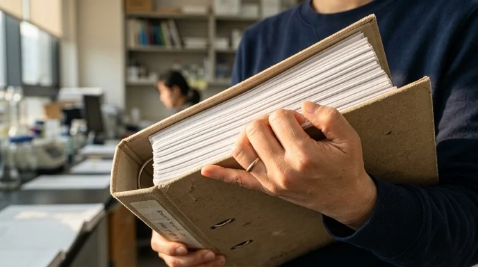 A Korean researcher's hands holding a thick paper binder containing original data.