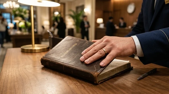 A concierge's hand closing a worn leather-bound reservation book on a wooden desk under warm lighting.