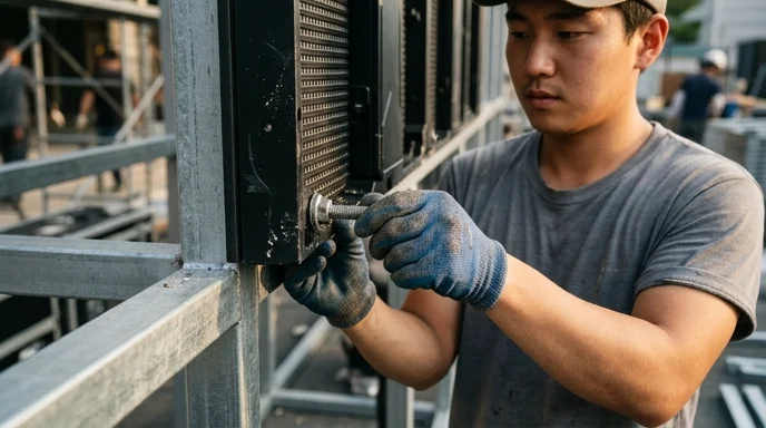 A Korean technician in work gloves bolting an LED cabinet onto a steel frame with late-afternoon sunlight.