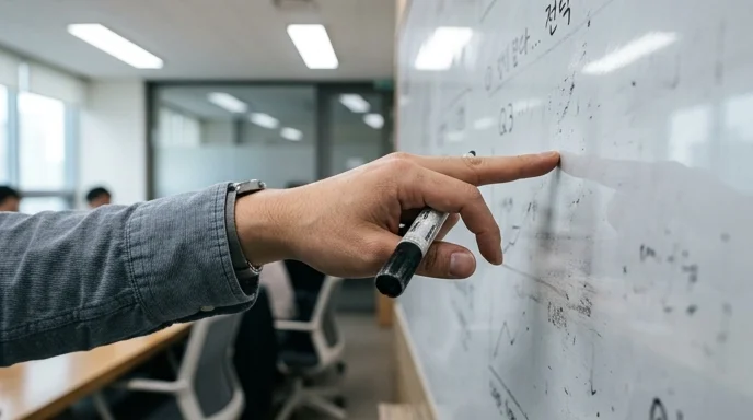 Close-up of a Korean marketer's hand holding a scratched marker and pointing at an out-of-focus whiteboard.
