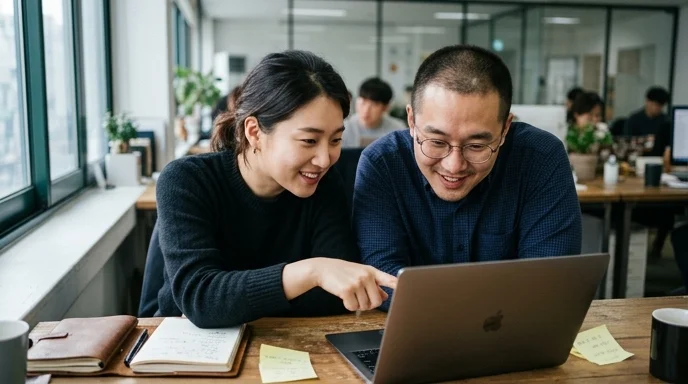 Two Korean marketers looking over a shoulder at an out-of-focus laptop screen in a startup office.