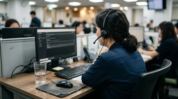 A Korean agent viewed from behind wearing a headset and leaning forward to listen.