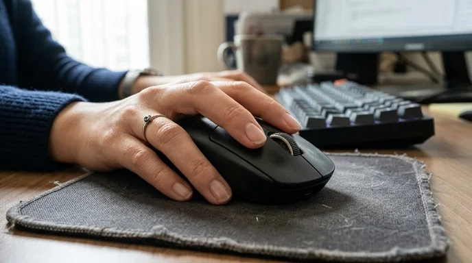 A Korean marketer's hand using a wireless mouse on a fabric mousepad on a desk.