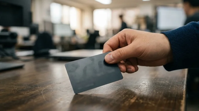 A Korean employee's hand picking up an unbranded corporate card from a wooden desk.