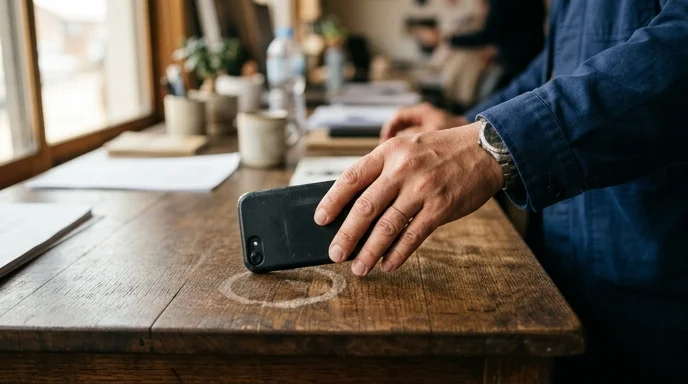 A Korean worker's hand placing an unbranded smartphone face-down on a desk.
