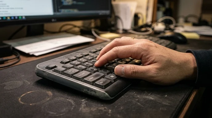 Close-up of a Korean manager's hand resting on a worn wireless keyboard on a desk.