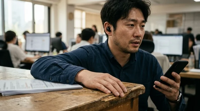 A Korean office worker with wireless earbuds resting a hand on a wooden desk next to a blurred document.