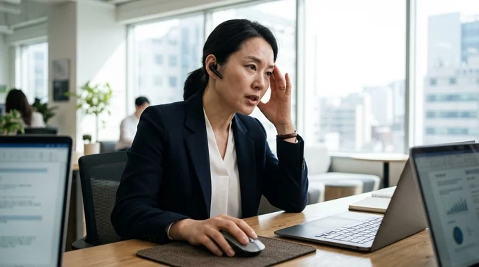 A Korean specialist at a desk pressing their temple while talking through an earpiece.