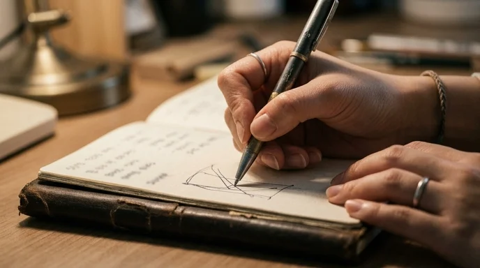 A Korean planner's hand sketching with a metallic pen in a worn leather-bound notebook on a desk.