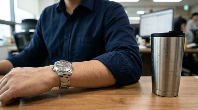 A Korean employee checking a metal wristwatch next to a tumbler on an office desk.