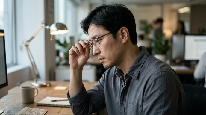 A Korean professional seen from the side rubbing his glasses while deep in thought at a desk.