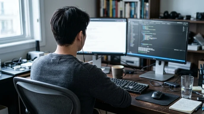 A developer's back facing a dual-monitor setup in a dark office.