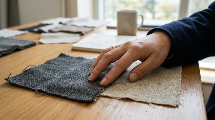 A marketer's hand feeling the textures of two different fabric samples on a clean desk.