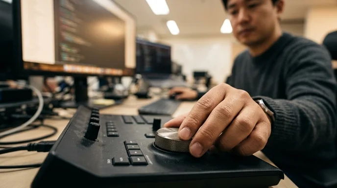 A developer's hand turning a metallic jog dial on a control surface next to a blurred monitor.
