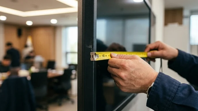 A technician's hands using a measuring tape against a screen frame in an office.